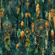 A seamless boho pattern with dreamcatchers, feathers and beads in teal and gold.