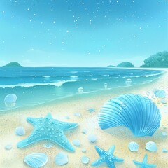 A beautiful beach with blue sand and blue water. There are blue seashells and starfish on the beach. The sky is blue and there are white stars in the sky.