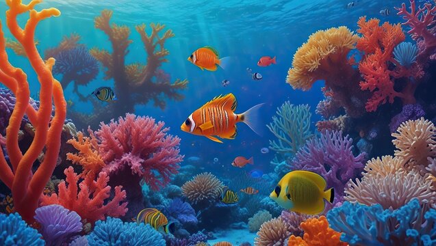 A vibrant coral reef, full of marine life, serves as the backdrop here. Colorful tropical fish swim among bright corals and anemones.