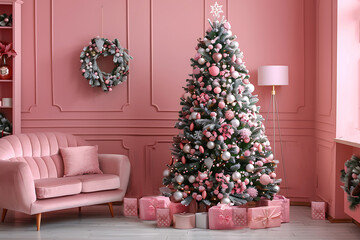 Poster - Happy holidays room decoration. Decorated with toys festive christmas tree in modern living room interior