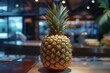 Pineapple on restaurant table with blurred background.
