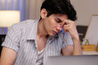 Man stressed, exhausted frome work at night, people negative expression
