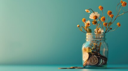 Wall Mural - Glass jar of coins with flowers on teal background