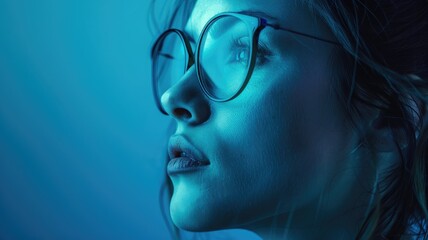 Close-up of woman with glasses in blue lighting looking upwards