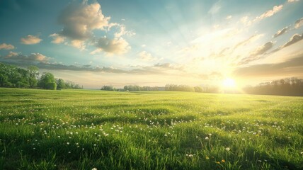 Wall Mural - sunrise over lush field with flowering plants and bright blue sky