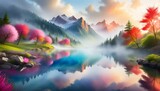 Fototapeta  - A digital painting of a serene natural setting, a calm lake with reflections of distant mountain