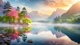 Fototapeta  - A digital painting of a serene natural setting, a calm lake with reflections of distant mountain