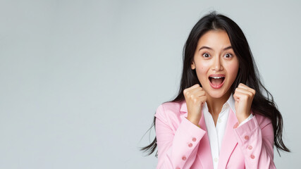 Wall Mural - Malay Business Woman Celebrating Big Win, smile and raised hands