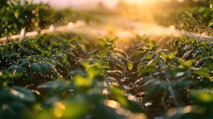 Wall Mural - Green plants growing in agricultural field with modern automatic watering system.