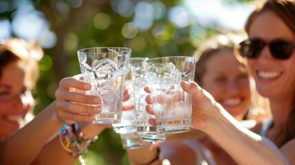 A group of cheerful people raise their glasses in a toast each having chosen a unique flad seltzer to sip on during the gathering.