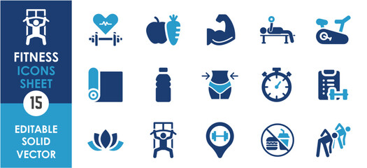 Set of solid icons related to fitness, gym. Flat icon collection. Editable Vector illustration