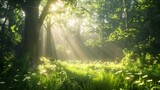 Fototapeta Przestrzenne - Sunlight filters through the trees in a beautiful spring forest scene, casting light on the vibrant green grass and ground's wildflowers, perfect for an overlay of text.