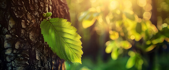 summer leaves in sunlight, Leaf on a tree in the forest. nature green wood sunlight backgrounds. summer.