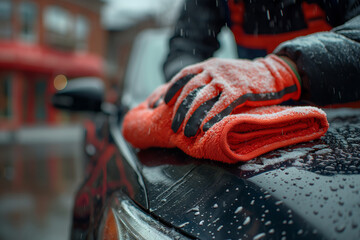 A man cleaning black car with microfiber cloth, car detailing. Generative AI