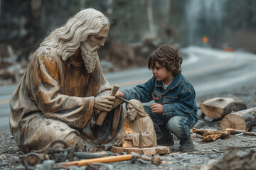 Wall Mural -  Jesus carving a life-size wooden sculpture in his hand, while next to him an adorable little boy wearing jeans and boots. Generative AI