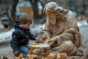 Wall Mural -  Jesus carving a life-size wooden sculpture in his hand, while next to him an adorable little boy wearing jeans and boots. Generative AI