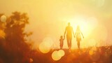 Fototapeta  - Silhouette of family holding hands at sunset