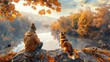 Capture a breathtaking panoramic view of a loyal pet and its loving owner enjoying a vibrant autumn day in a digital painting style with rich, warm hues and intricate details
