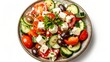 © Paul - High-resolution image of a classic Greek salad, focusing on the lush green cucumbers and red tomatoes, with a tangy touch of red onion, studio isolated backdrop