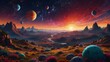 A vibrant celestial panorama populated by lively, cartoon-esque planets, reminiscent of a child's dreamy interpretation of the cosmos ai_generated