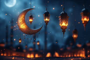 Poster - 3d illustration of crescent moon with hanging golden stars. Generative AI