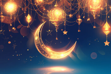 Wall Mural - 3d illustration of crescent moon with hanging golden stars. Generative AI