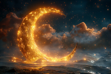 Poster - 3d illustration of crescent moon with hanging golden stars. Generative AI