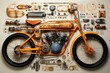 Bicycle and parts of it on beige background. Flat lay, top view