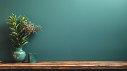 Wall Mural - Potted plant next to ceramic cup on wooden shelf against teal wall