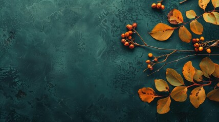 Wall Mural - Orange leaves and berries on textured green background