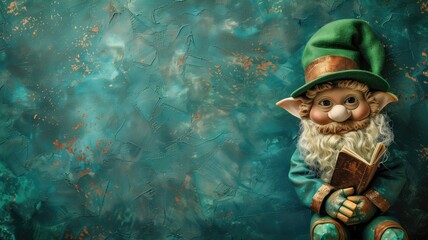 Illustrated gnome character with green hat holding book on textured blue background