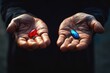 © Dusit - Two pills, one red and one blue, are being held in a person's hands. Concept of curiosity and wonder, as the viewer is left to wonder what the pills are for and what their purpose might be
