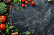 Black stone cooking background. Spices and vegetables. Top view. Free space for your text - generative ai