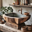 a selection of rustic wooden sink designs that exude warmth and character. Each design should incorporate reclaimed wood or distressed finishes, creating a rustic-chic aesthetic that complements both 