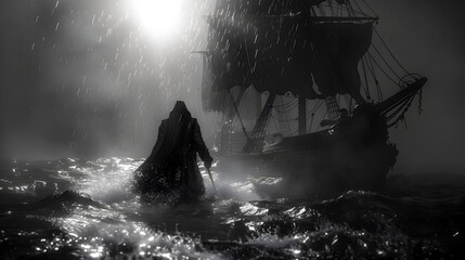 Canvas Print - Midnight Rogue Stalks the Stormy Seas,Cloaked in Shadows and Intrigue