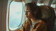 © Bnetto - A beautiful woman sits on an airplane near the window and looks at the view. Tourist Travel Fund.
