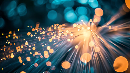 Vivid depiction of fiber optics in action, showcasing light bursts and bokeh effects against a dark backdrop.
