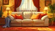 Living Room Sofa Comfort: A vector illustration of a cozy living room with a comfortable sofa