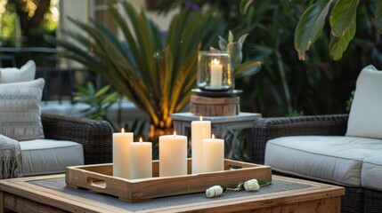 Wall Mural - A serene oasis is created in the outdoor patio by the soft glow of candles on a stylish wooden tray perfect for evening gatherings. 2d flat cartoon.