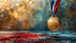 A gold medal hanging on the ribbon, red and blue paint splashes background.