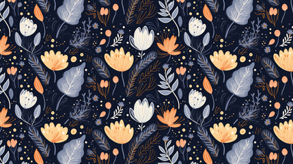 Wall Mural - A seamless floral pattern with hand-drawn flowers and leaves in a blue, orange, and white color scheme.