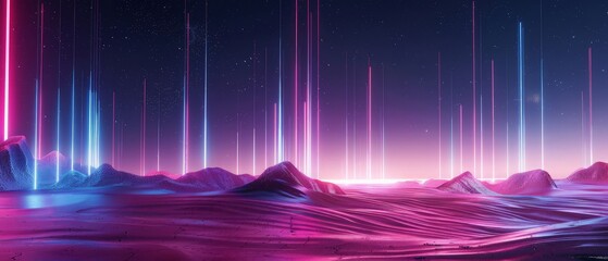 Poster - 3d render, futuristic neon background, pink blue vertical lines glowing in the desert under the night sky. Terrain landscape in ultraviolet spectrum