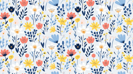 Canvas Print - A seamless pattern of colorful flowers and leaves on a white background.