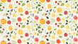 A seamless pattern of hand-drawn citrus fruits, strawberries, and leaves.
