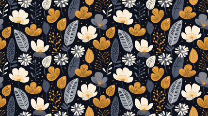 Canvas Print - A seamless pattern of hand-drawn flowers and leaves in a folk art style. The colors are muted and the flowers are arranged in a repeating pattern.