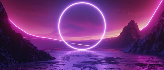 Poster - Abstract background with ultraviolet neon lights, empty frame, cosmic landscape, glowing tunnel door