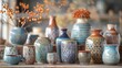 A still life composition featuring a variety of glazed vessels each with a unique and intricate pattern showcasing the endless creative possibilities of glazing secrets..