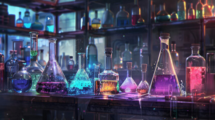 Such a nice color alignment with chemicals and chemistry glassware. Science is here !

