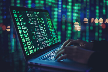 closeup hacker use computer laptop binary code background