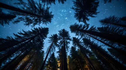 Wall Mural - Digital tree forest looking up at the starry sky graphic poster web page PPT background